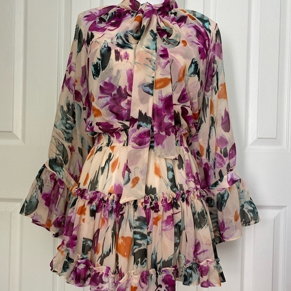 Misa- Multicolored Large Floral Longsleeve Mini Ruffle Dress with Neck Tie - Picture 4 of 10